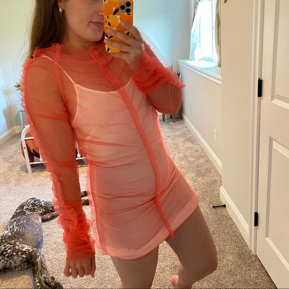 Molly Goddard Hot Pink Mesh Nylon Organza Long Sleeve Mini Dress Small - Picture 5 of 16